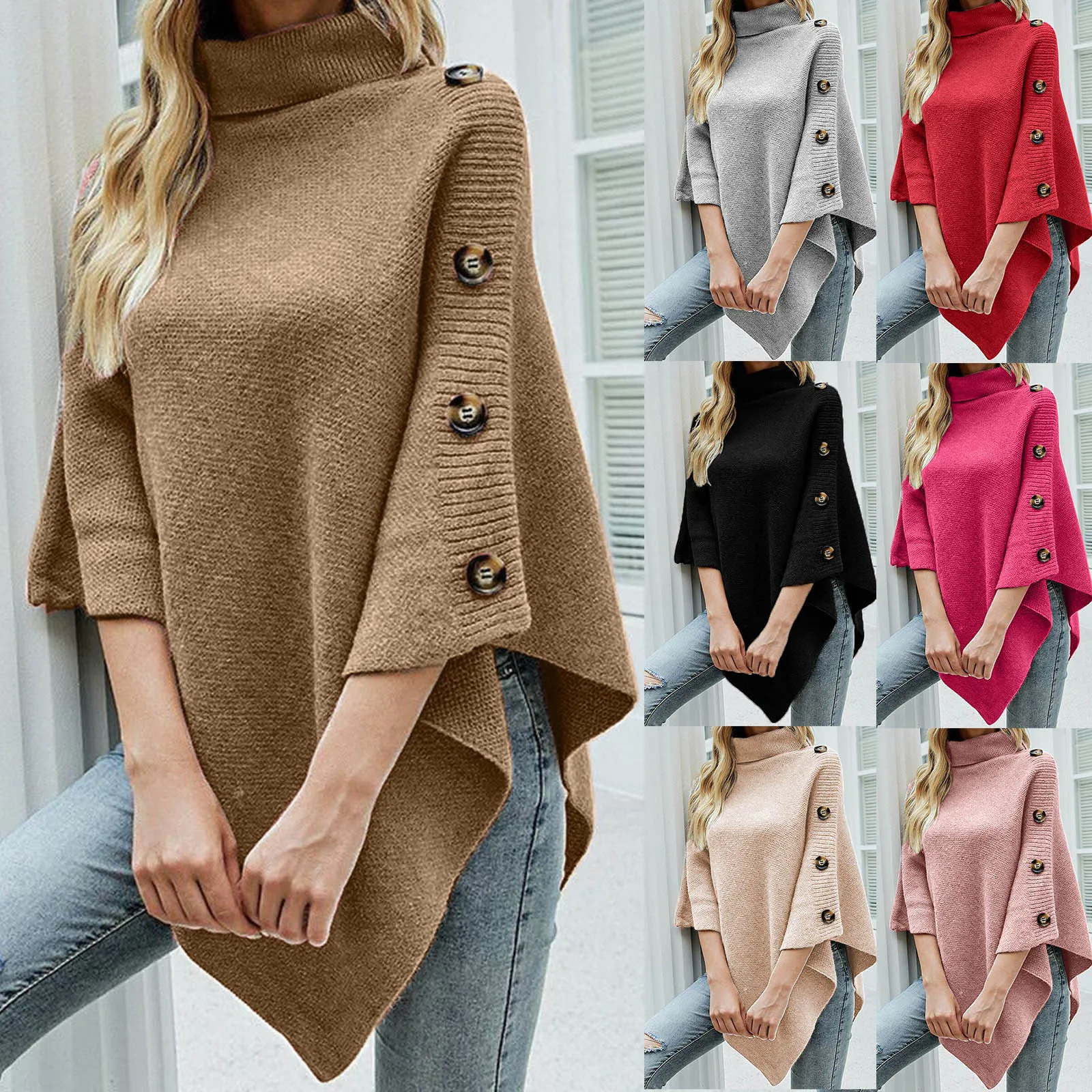 Winter Button Poncho Women Sweater Oversize Turtleneck Jumper Knitwear Holiday Vintage Cape Batwing Sleeve Wrap Ponczo Gift