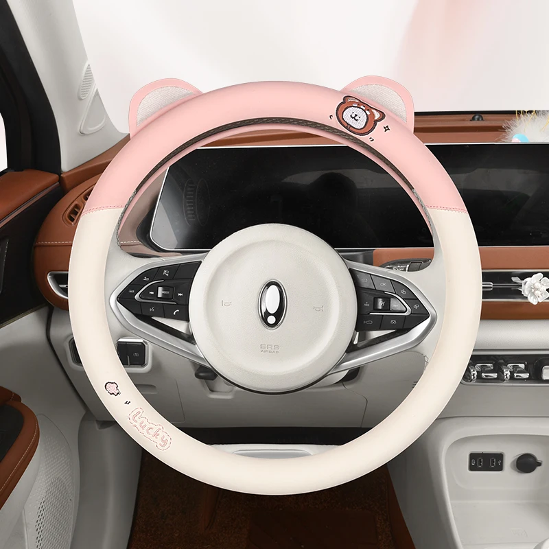 

Cartoon Embroidery PU Leather Car Steering Wheel Cover Non Slip Comfortable Breathable Protects Original Wheel from UV Damage