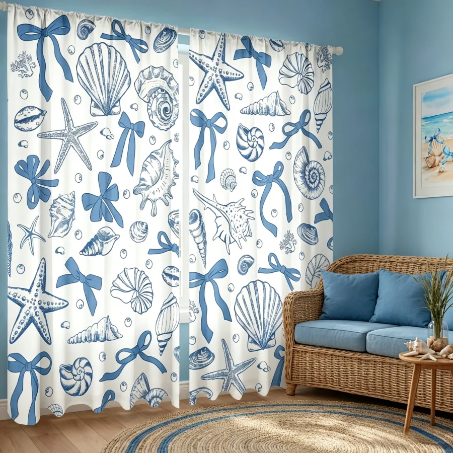 2PCS Digital Print  Curtain, Seashell Bow Tie, Bohemian Style  Curtain Panel for Home Living Room Bedroom Decor