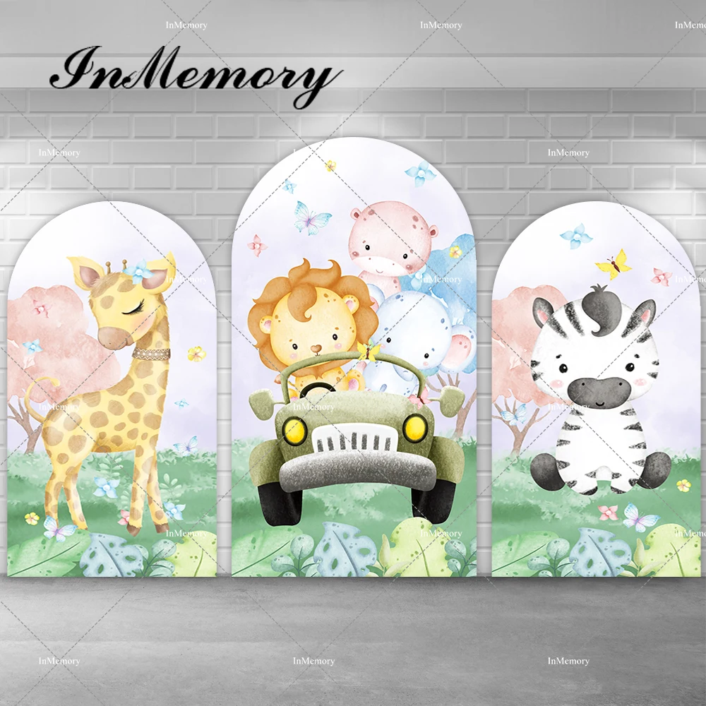 Cartoon Animals Kids Wild One Safari Jungle Party Arch Cover Backdrop Driving Car Lion Elephant Kids 1st Birthday Backgrounds