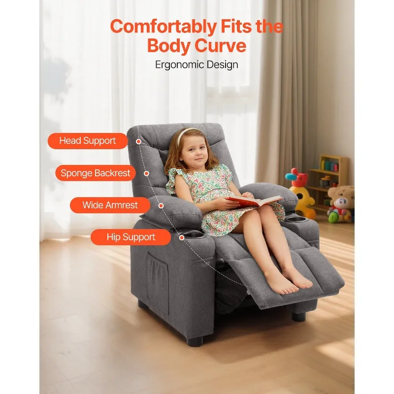 Kids Reclining Chair, Toddler Recliner with Cup Holders and Pockets, 107° to 126° Adjustable Backrest, Breathable Polyester