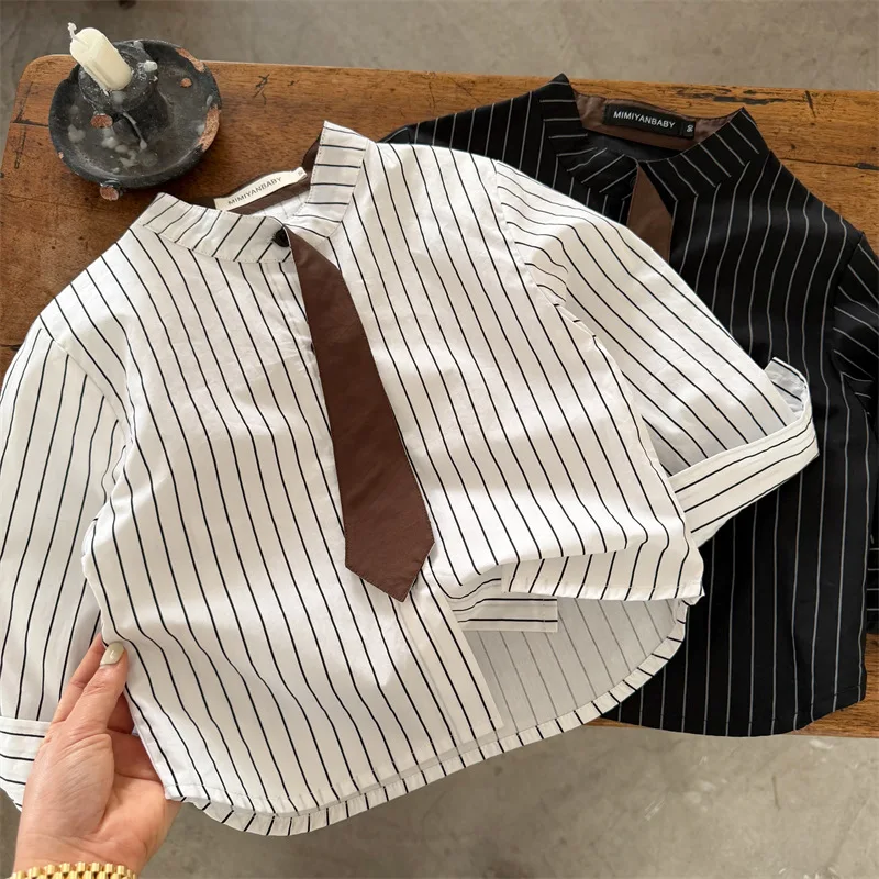 Children's Shirt 2026 Spring New Boys and Girls Personalized Tie Shirt Baby Round Neck Striped Shirt