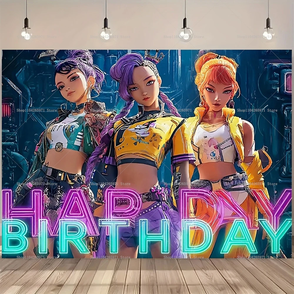 kpop Demon Hunters Backdrop Party Decor Kpop Demon Hunters Birthday Background Poster Happy Birthday Banner Photograph Supplies - view 3