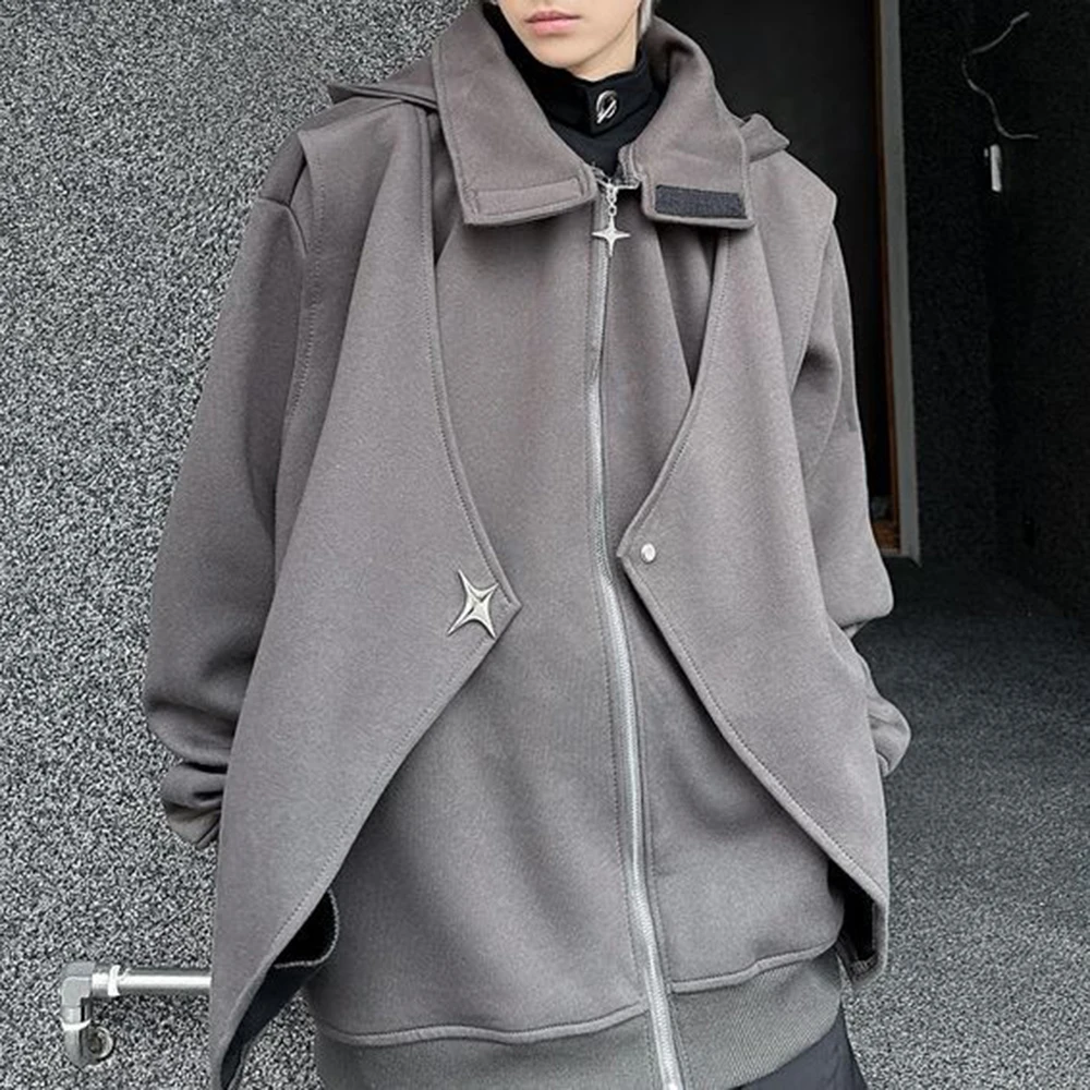 Mens Fashion Y2k Fake Two-Piece Cardigan Sweatshirt Autumn Winter High Street American Style Heavy Trend Functional Jacket Men