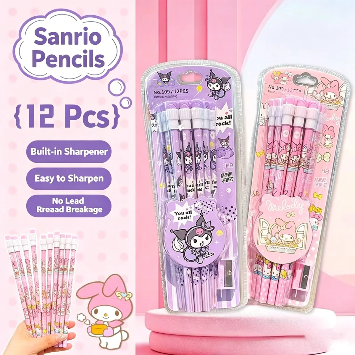 Sanrio 12-Piece HB Pencil Set, Includes a Pencil Sharpener and Eraser, Featuring Kuromi, My Melody, and Cinnamon Dog Designs.
