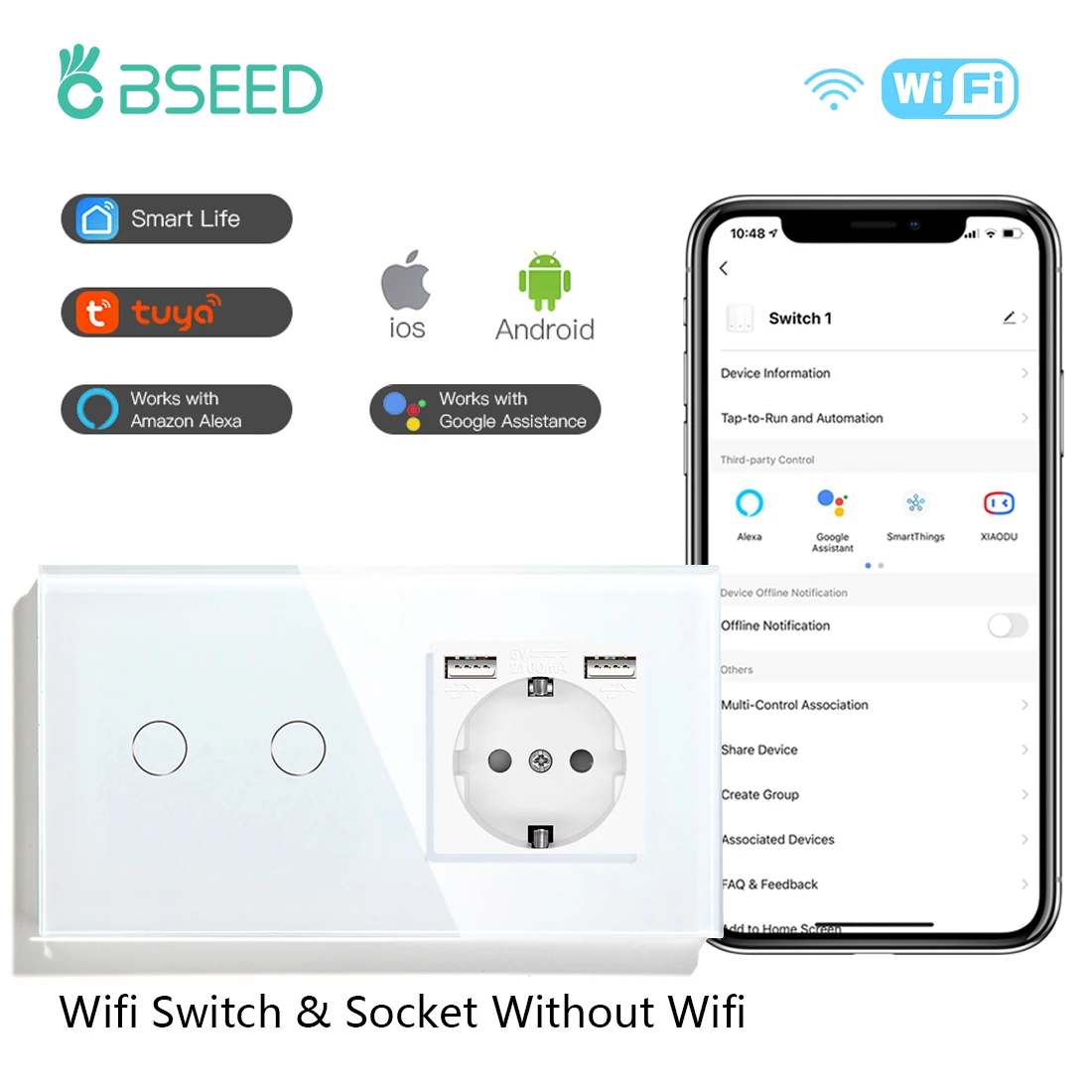 BSEED EU Standard Wifi Wand Schalter 1/2/3Gang 1/2/3Way Smart Touch licht Schalter Steckdosen Google Alexa Tuya Steuerung
