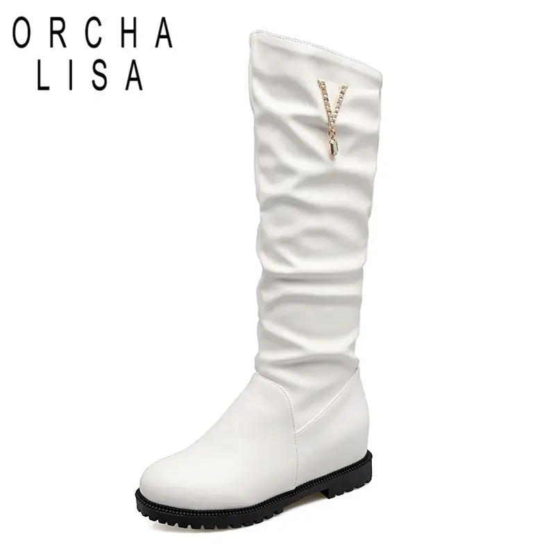 

ORCHALISA 2024 New Sweet Girls Knee High Boots Round Toe Increased Heel Slip On Metal Decor Plus Size 41 42 43 Dating Women Bota