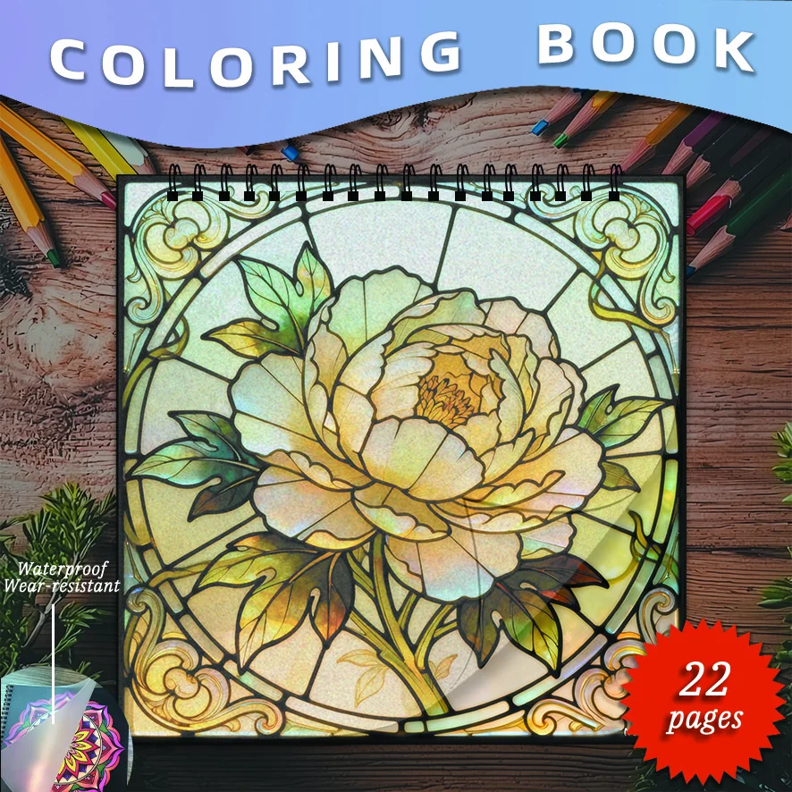 Stained Glass Peony Coloring Book - 8.3×11.2 Inches, 22 Pages. Great for Artistic Relaxation, Stress