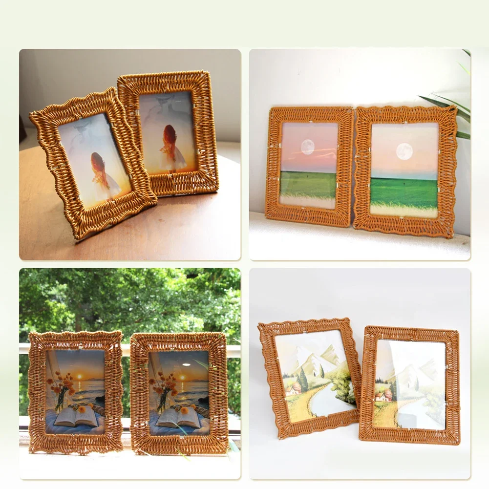 

Handcrafted Boho Rattan Photo Frames Set of 2 for Rustic and Farmhouse Style Home Decoration with Dual Orientation Design