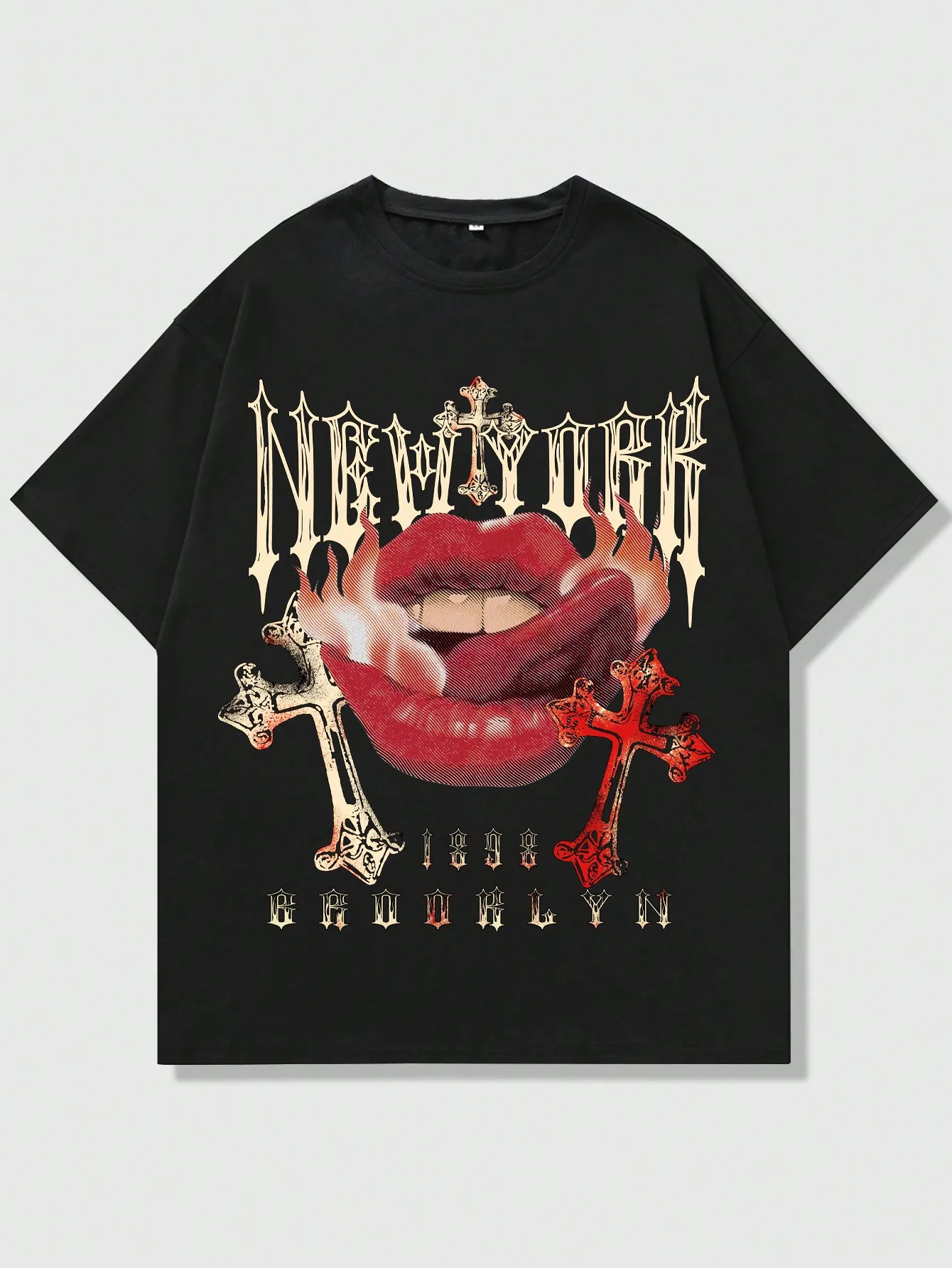 

ROMWE MEN Grunge Punk Men's Cross & Lips Printed Short Sleeve T-Shirt For Halloween