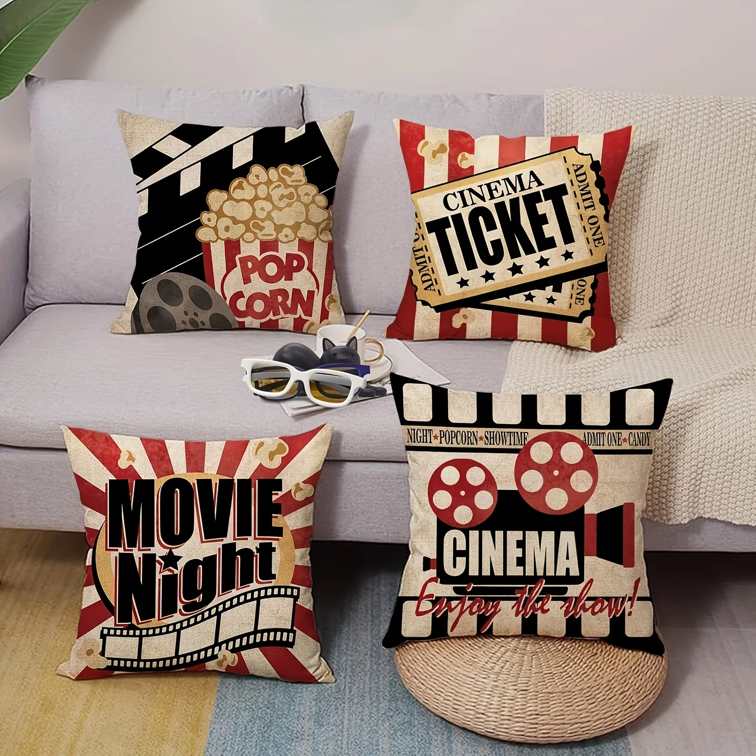 2D Flat Set of 4 Vintage Cinema Style Pillow Covers with 2D Double-Sided Printing Featuring Nostalgic Popcorn And Movie Ticket