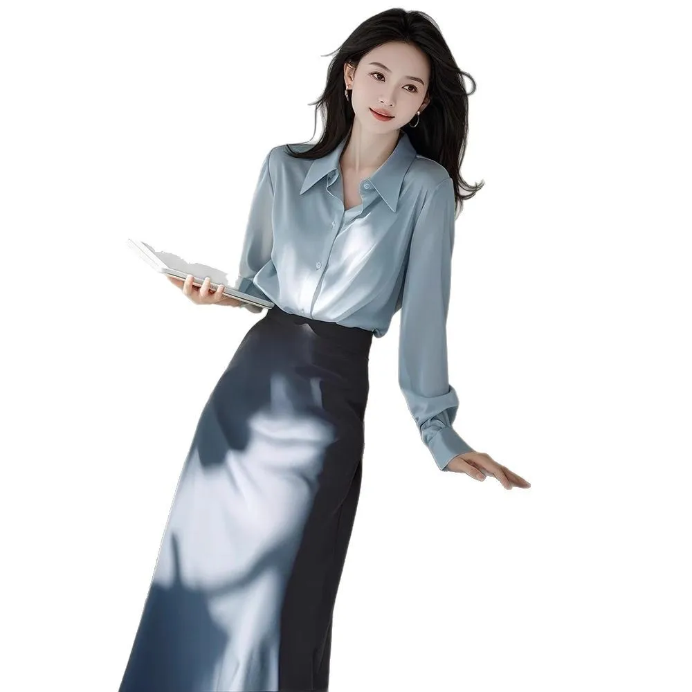 Spring Commute Blue irt Skirt Set Pear Body ape High Cold Sle Powerful Aosphere Strong Women's Wear Casual Sportswear