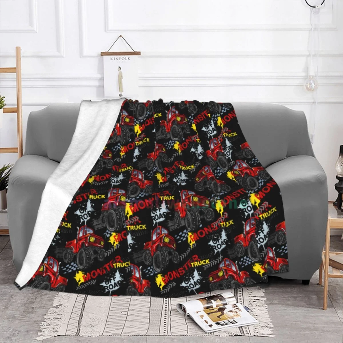 Cool Red Monster Trucks Cars Flannel Fleece Blanket Soft Warm Lightweight Cozy Anti-Pilling Fuzzy Throw Blankets for Couch Bed