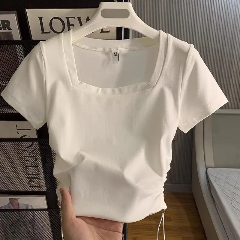 

Short-sleeved T-shirt with shoulder square collar for women's summer new pure cotton chic pleated versatile design top