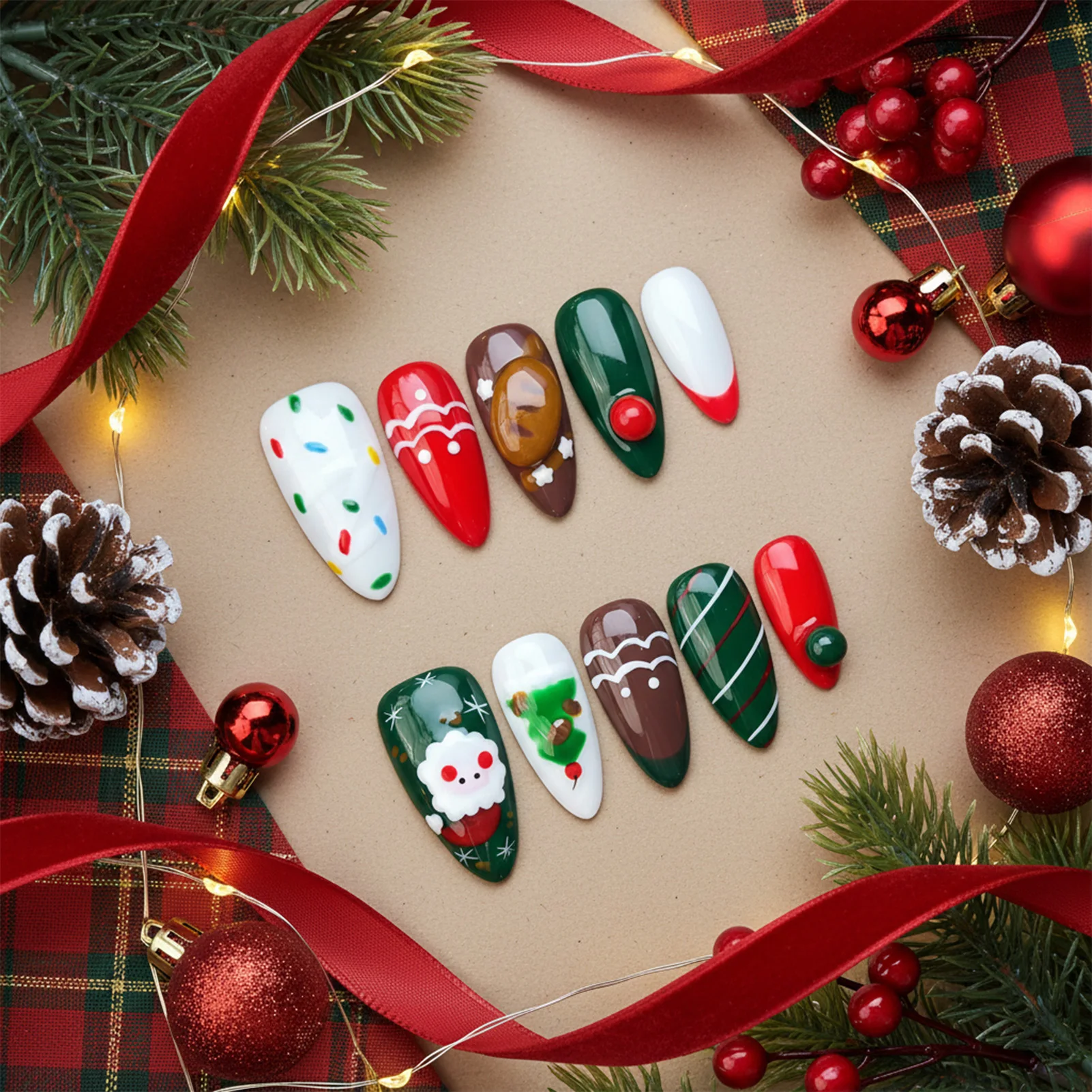 

10pcs Handmade Press On Nails For Christmas Cute Santa Claus Snowman Desogns False Nails Glossy Almond Wearable Fake Nail Tips