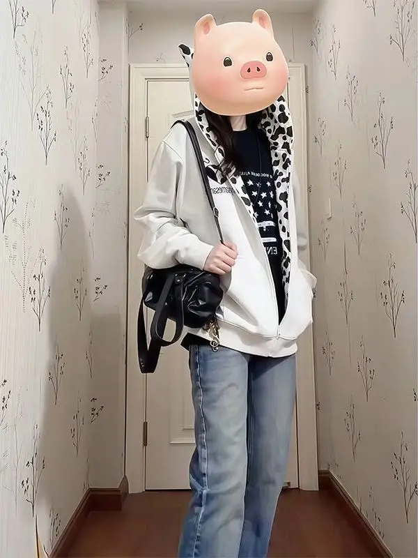 Loose Women's Hoodie Sweatshirt Embroidered Casual Lazy Style Zipper Open Cardigan Coat Cattle Pattern Inner  Fun Design