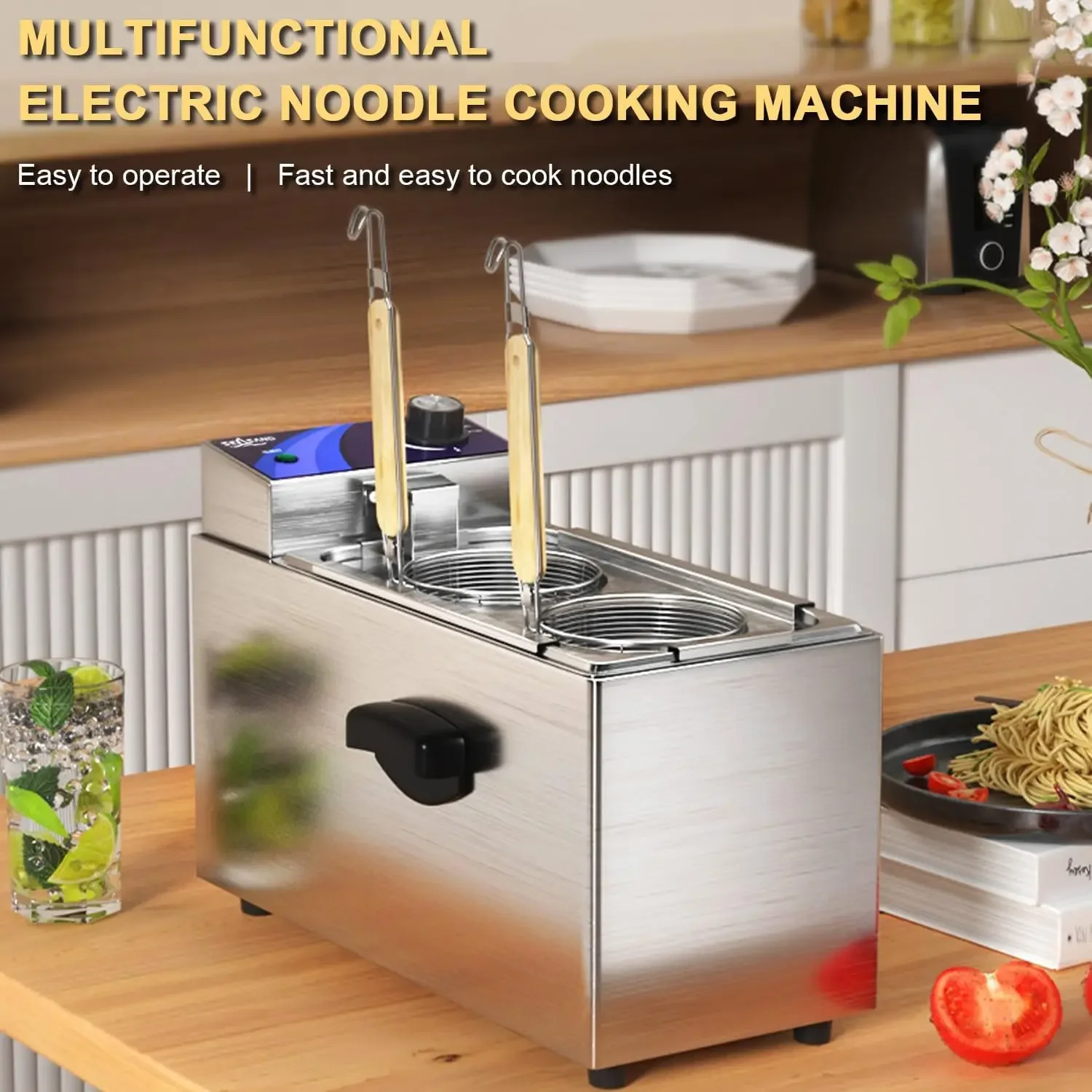 Electric Noodle Cooking Machine, Pasta Cooker, Table Top 2 Hole Pasta Cooker with Noodle Filter, Suitable for homes and restaura