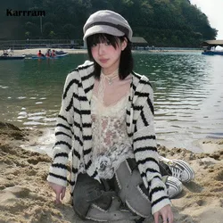 Karrram Japanese Y2k Hooded Cardigan Vintage 2000s Style Rabbit Ears Knitted Coat Harajuku Black Striped Knitwear Korean Popular