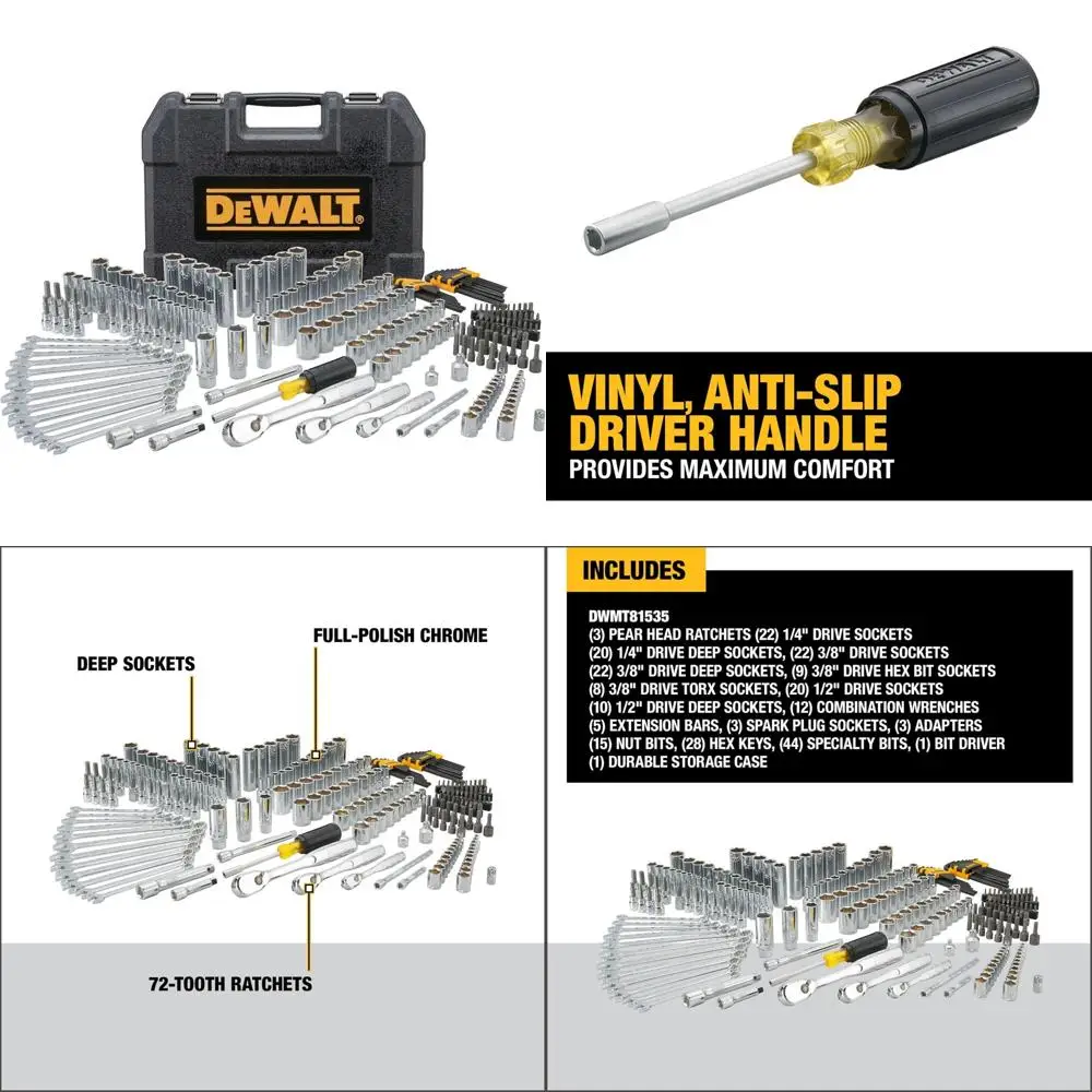 

Complete 247-Piece Mechanic's Tool Kit with 1/4, 3/8, and 1/2 Inch Drives, SAE, Ratchets, Sockets, Hex Keys, Wrenches, Polishing