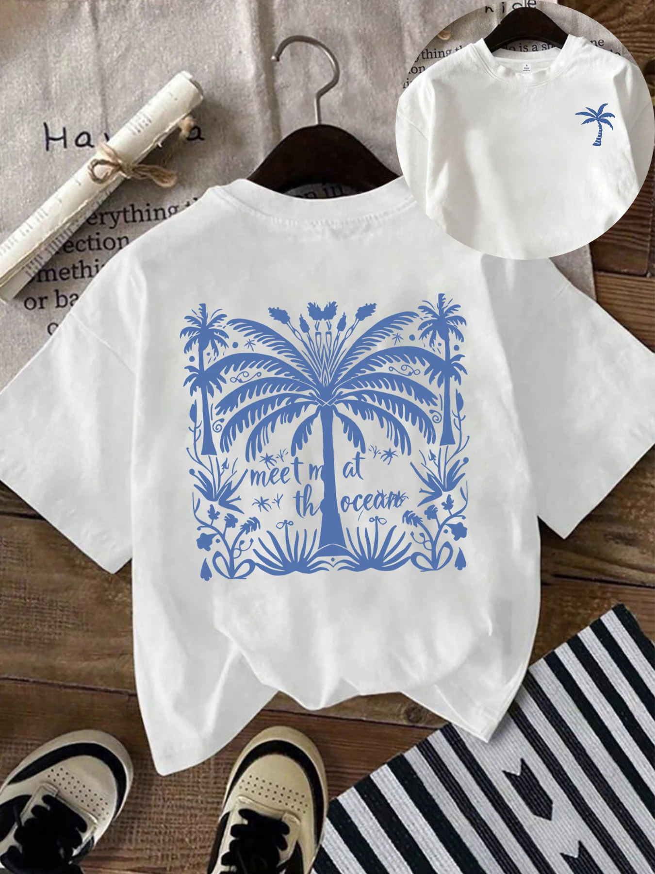 

Coconut tree Plus size women's round neck short sleeve T-shirt with elastic half sleeves and trendy prints