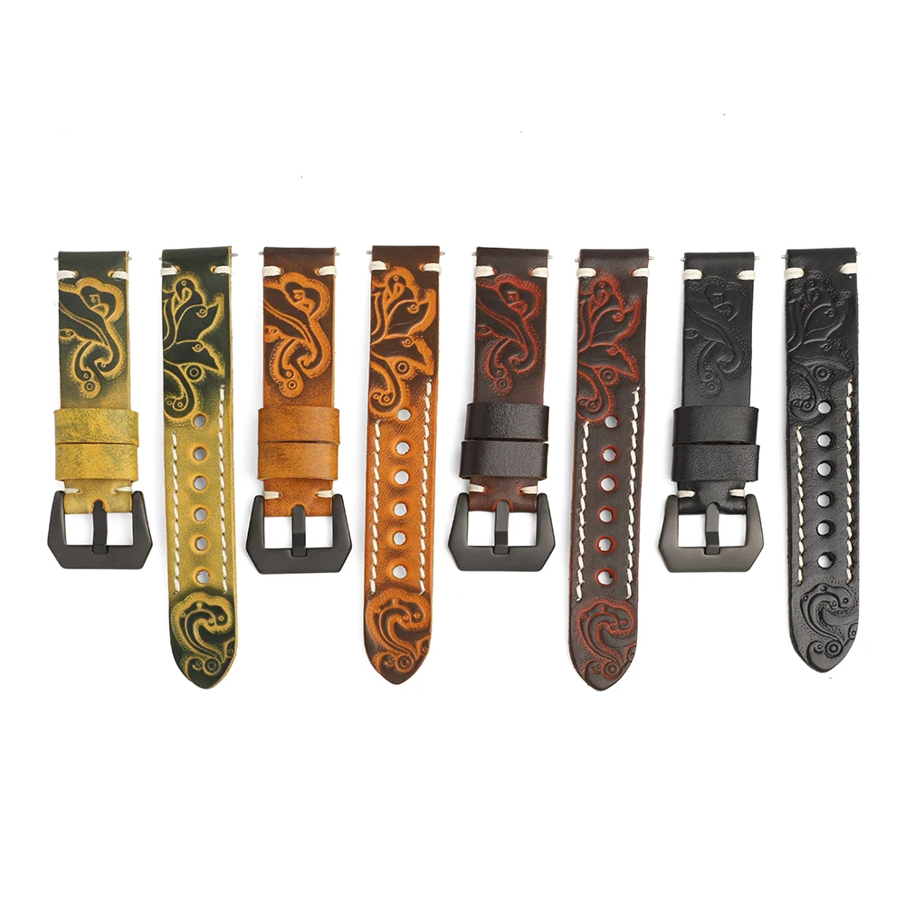 Vintage Carved Embossed Genuine Leather Watch Strap 20mm 22mm 24mm Handmade Stitched Watch Band Black Buckle for Watch Accessory