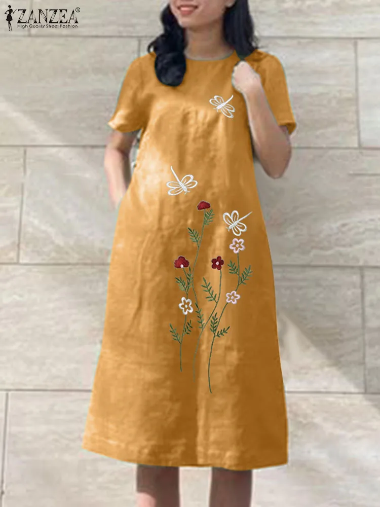 

ZANZEA Summer Vintage Floral Embroidery Knee-length Dress Women O Neck Short Sleeve Holiday Sundress Robe Femme Beach Vestido
