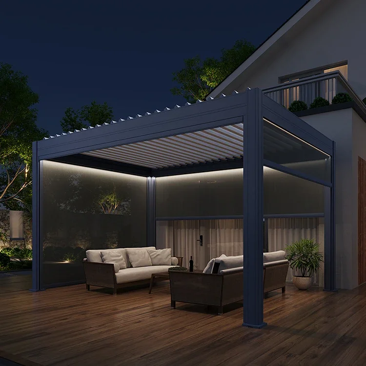 Premium aluminum pergola with wind and rain sensors, adjustable blinds, custom garden terrace