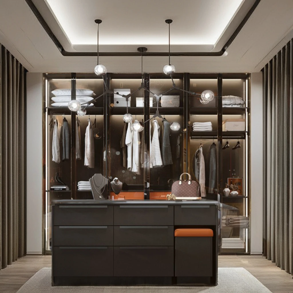 Custom Open Wardrobe Walk-In Closet Modern Cloakroom Furniture With MDF Door Custom Wood Metal & Plastic Materials For Sale