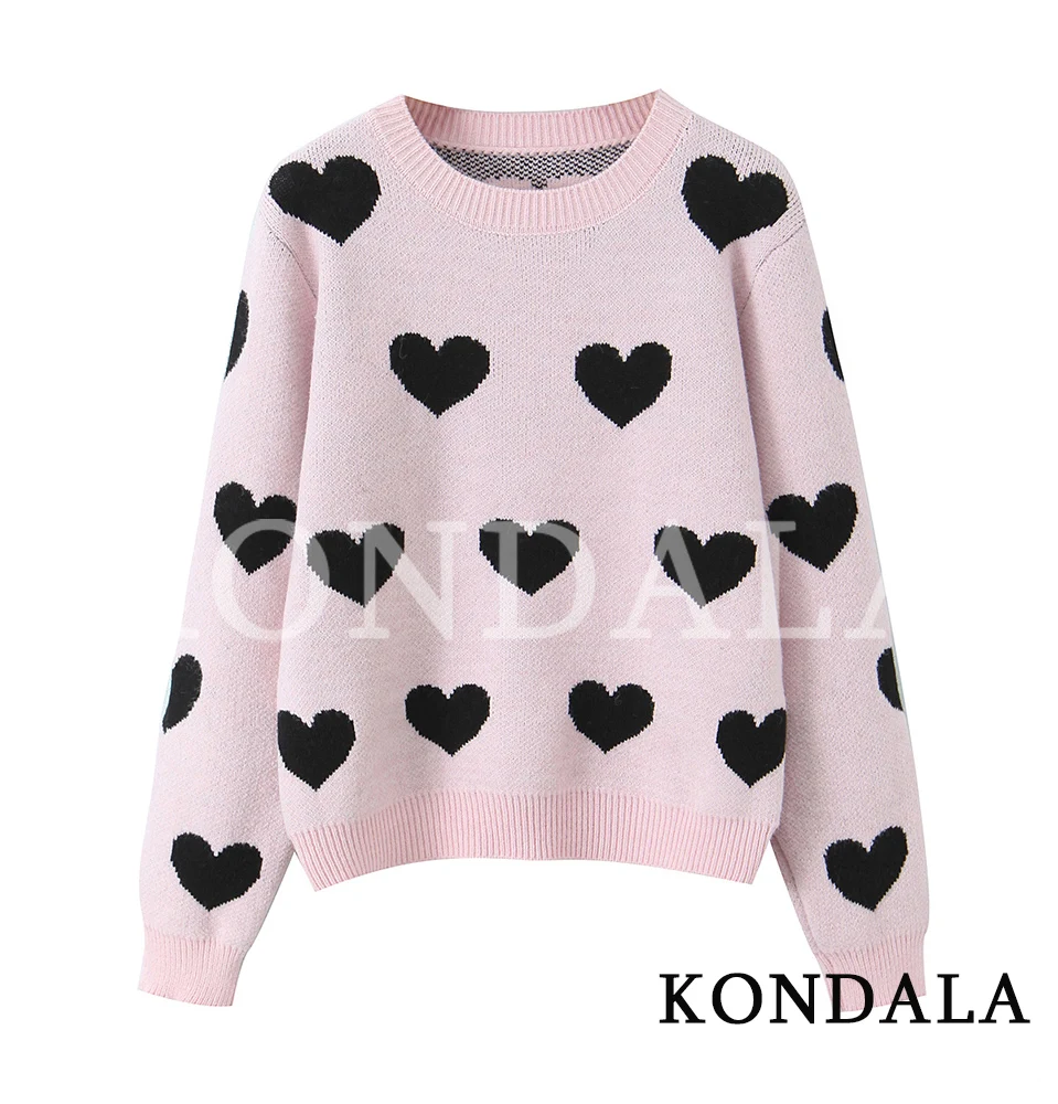 KONDALA Women Cute Casual Love Heart Sweater 2026 Autumn Trendy Elegant Pink Knitted Sweater Fall Leisure Lady Pullover Sweater