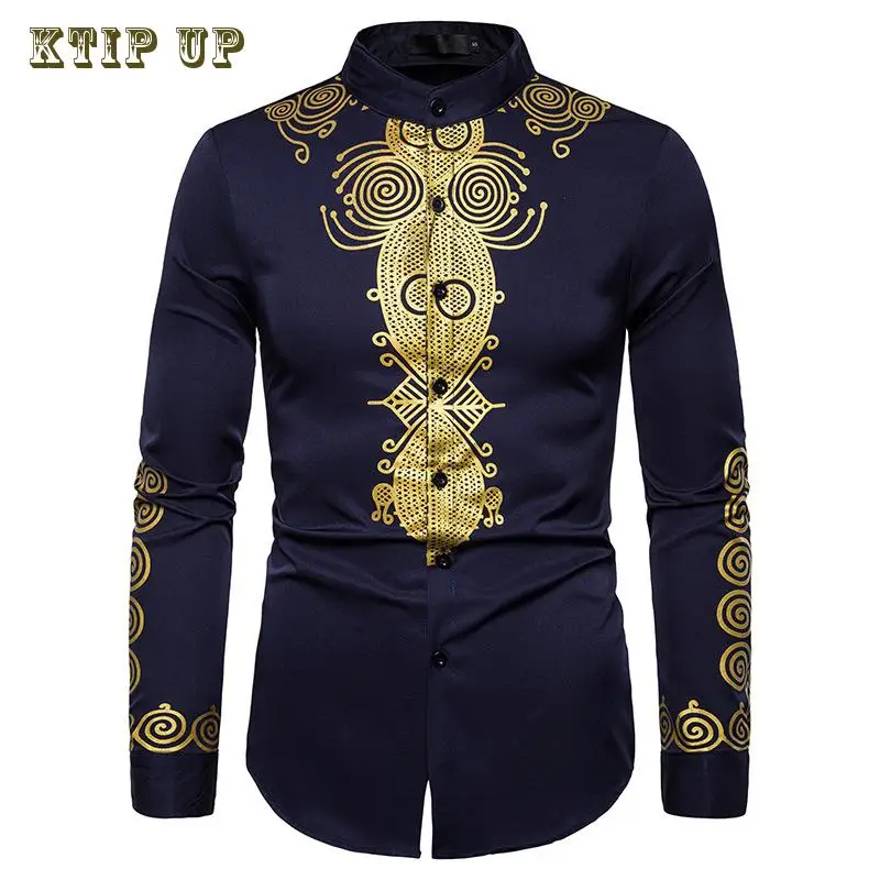 Men\'s Gold Floral Print Henley Shirt, Ethnic Style, Stand Collar, African Dashiki, Islamic Long Tops, Casual, Luxury