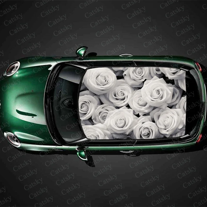 

White Rose Flowers Car Roof Sticker Wrap Racing SUV Accessories Packaging Painted PVC Custom Car Graphic Decal