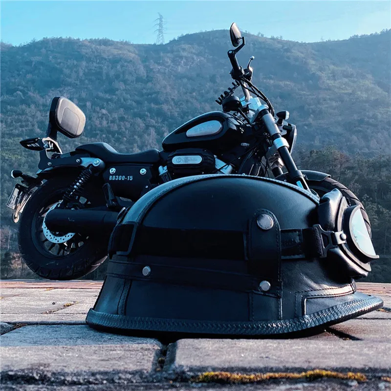 Helmet Vintage Half Face Helmet Motorcycle Helmets  Helm Vintage Retro Casco Para Black Leather German Solder view 5