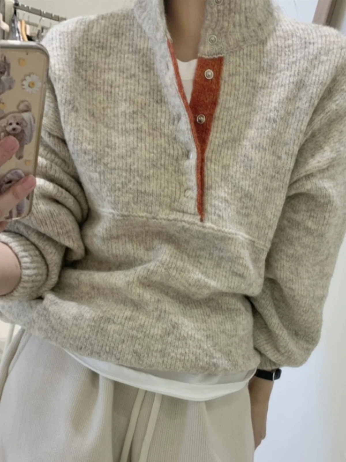 Women's Loose Knitted Sweater Winter Fashionable Design Hidden Button Warm Versatile Long Sleeve High Collar Top for All Seasons