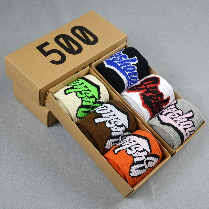 Men\'s Socks 3 Pair/Box Colorful Letters Street Personality Wild Funny Hip Hop Couple Fashion Basketball Sports 500 Socks