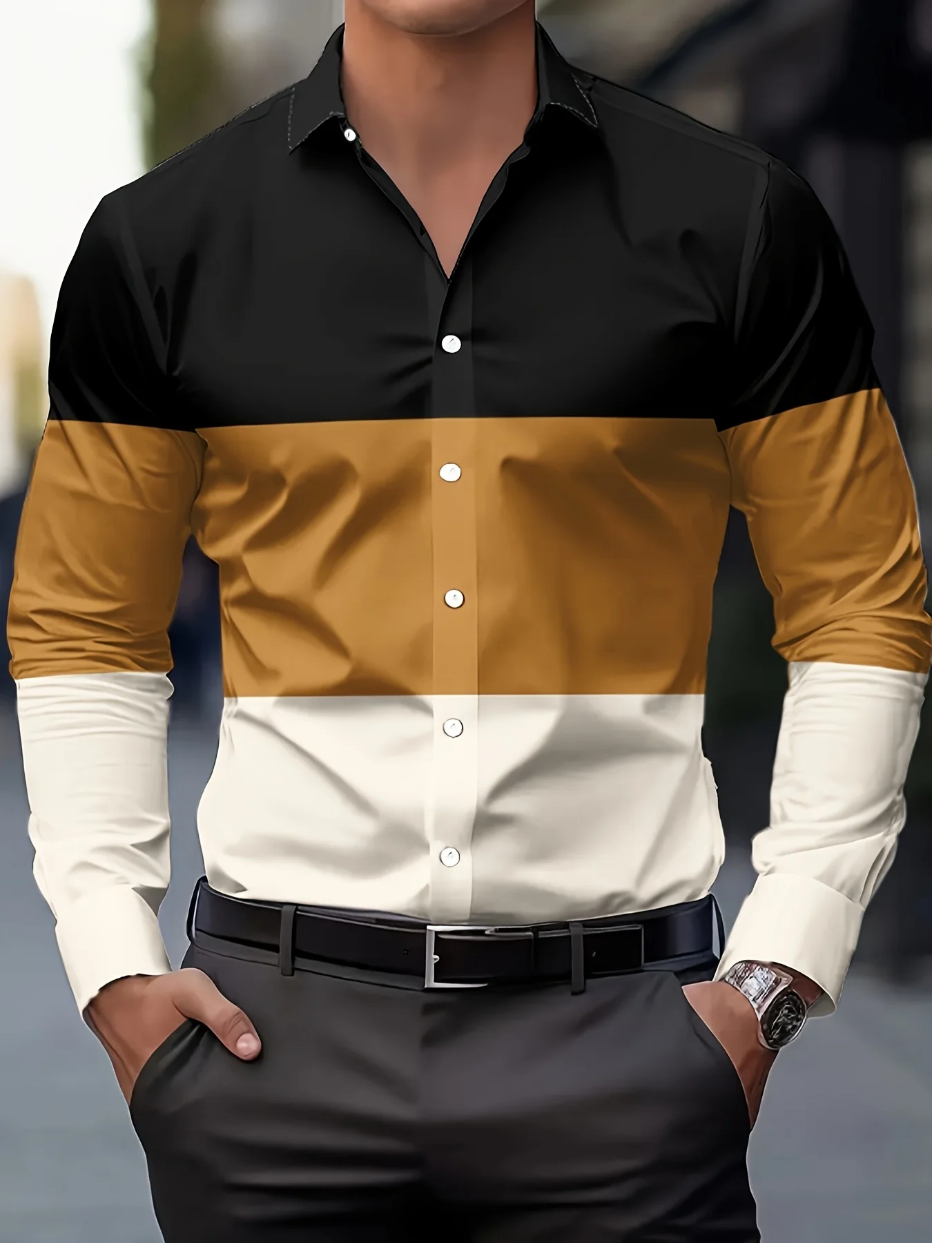 Camisa casual masculina de negócios com botões de manga comprida formal e camisa de escritório diária listras horizontais - moda sazonal