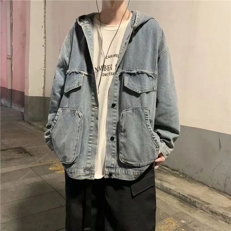 Men Solid Clothing Spring Autumn New Korean Fashion Versatile Large Pocket Hooded Denim Jackets Casual Loose Black Workwear Coat