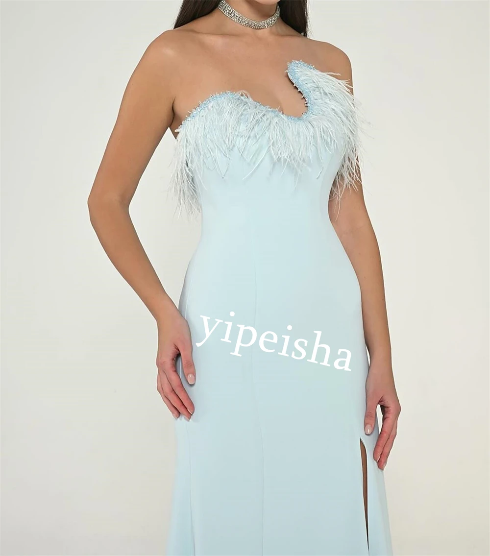 Jiayigong Jersey Feather Engagement A-Line Strapless Bespoke โอกาสชุดเดรสยาวซาอุดีอาระเบีย