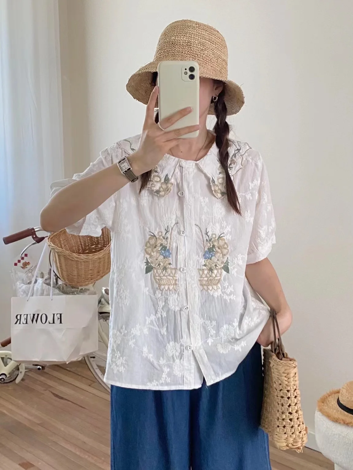 

Lolita Flowers Embroidery Shirts and Blouses for Women Summer Cotton Short Sleeve Shirt Blouse Mori Girl Fairy Tops