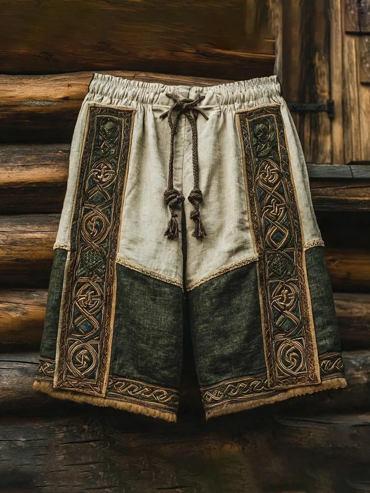 남성용 빈티지 노르딕 룬 신화 늑대 3D 프린트 캐주얼 바지 남성용 민족 토템 드로스트링 반바지 여름 루즈 비치 팬츠