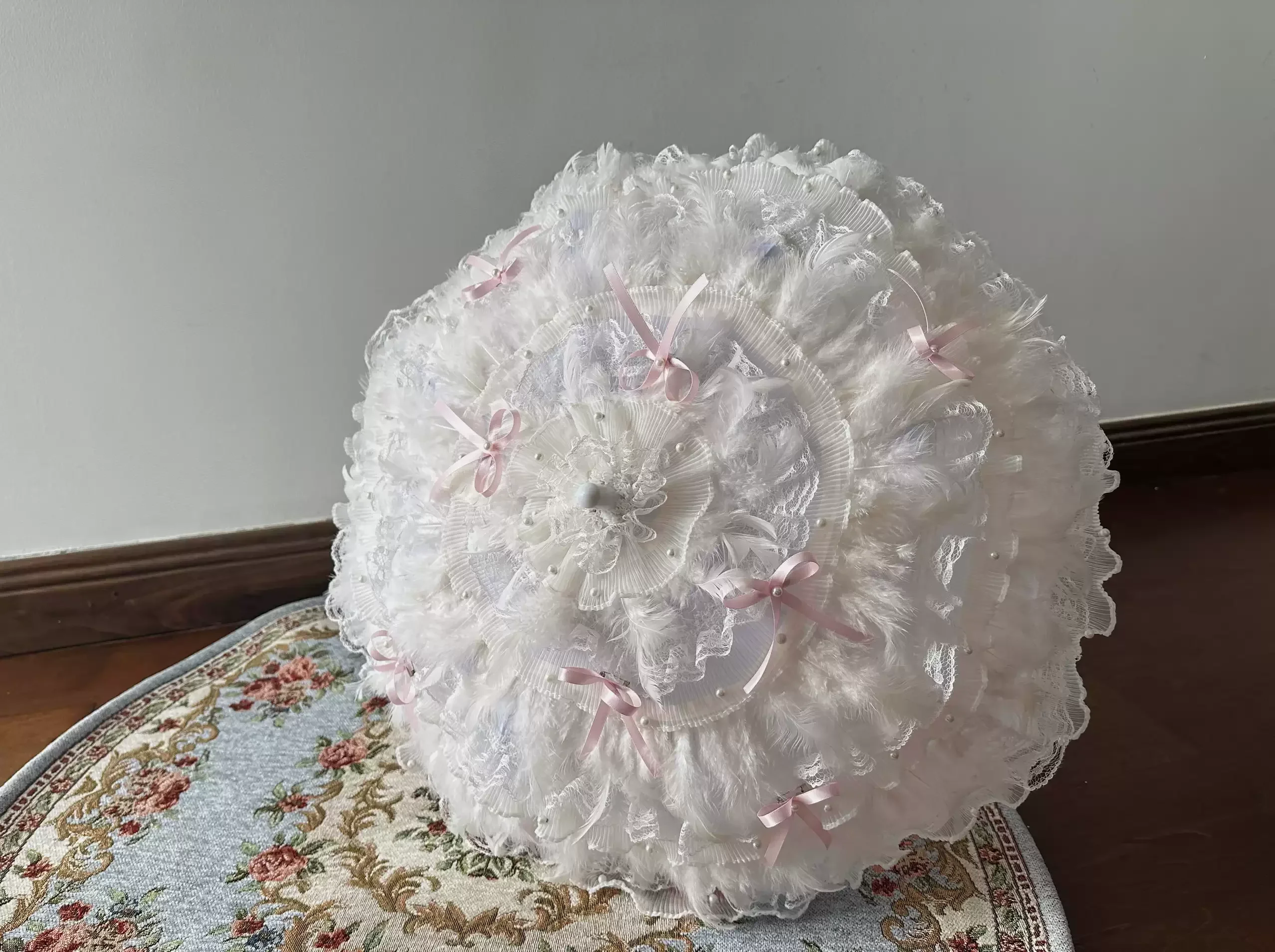 Handmade Gothic Lolita Umbrella with Dark Feathers Lace Trim Wedding Photography Parasol