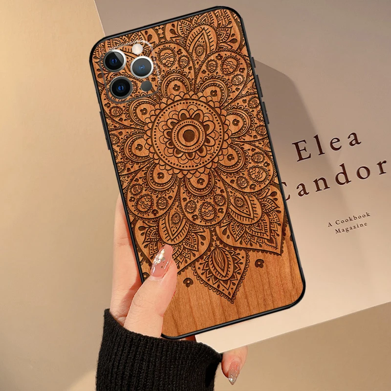 Mandala Floral Wood Funda For iPhone 15 14 13 12 11 16 Pro Max Mini 14 Plus XS Max X XR Phone Case