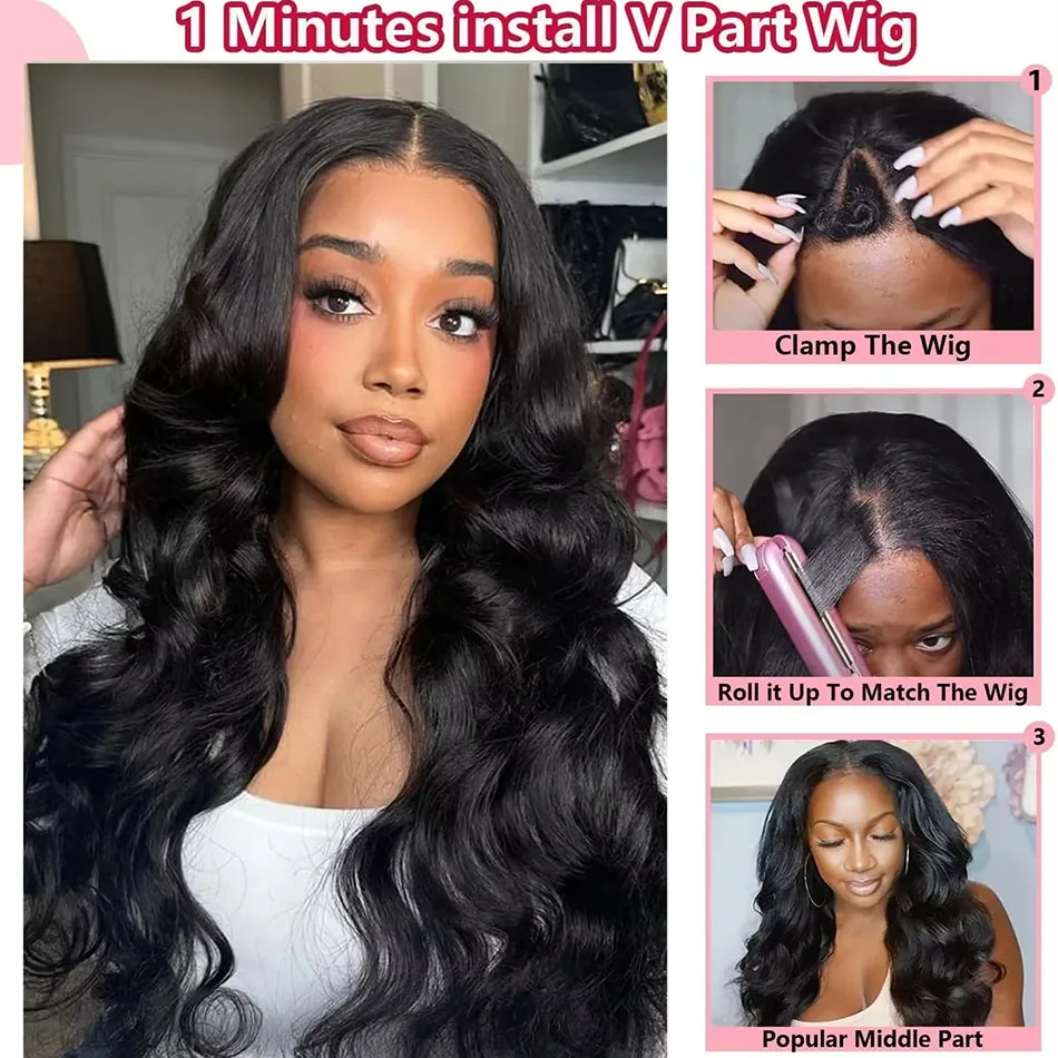 Fotografia 4: Peruca Body Wave V Part de Cabelo Humano Cru Peruano de 18 a 36 Polegadas, Perucas Onduladas em Formato V para Mulheres, Perucas Humanas Amigáveis para Iniciantes