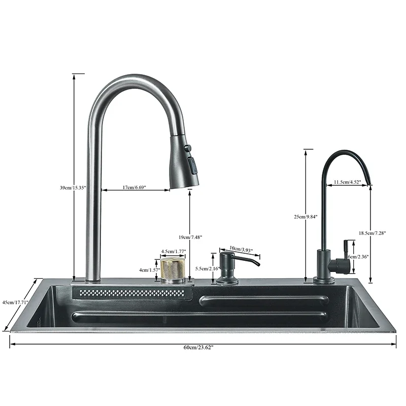 304 5 Water Discharge Modes Stainless Steel Waterfall Kitchen Sink Large Single Slot Integrated Digital Display Faucet Set