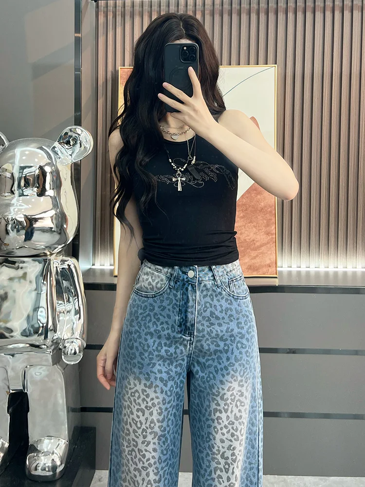 Leopard printing wide leg jeans for women 2025 new summer style super popular loose high waist straight leg pants