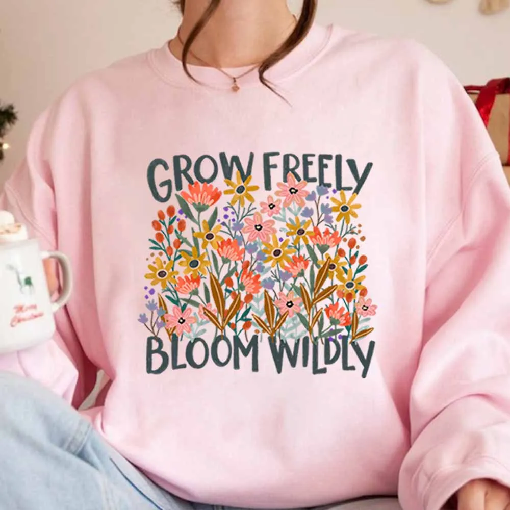 

Толстовка Grow Freely Bloom Wildly, рубашка с цветочным принтом в стиле бохо для психического здоровья, женская вдохновляющая толстовка с капюшоном, милые толстовки с круглым вырезом Y2k 90-х годов