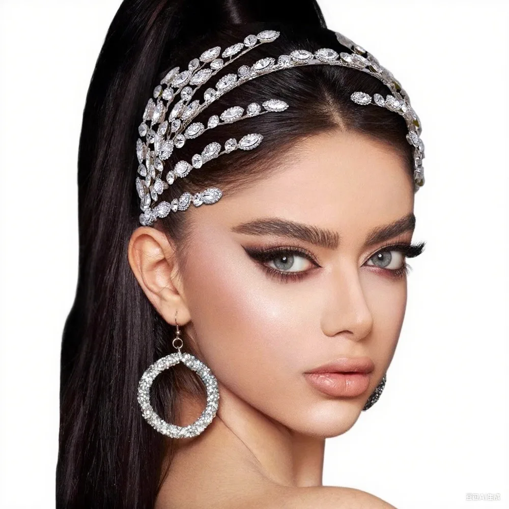 

Silver Handmade Rhinestone Wedding Headband Women Wide Crystal Headpieces for Wedding Bridal Bridesmaid Hair Accessories