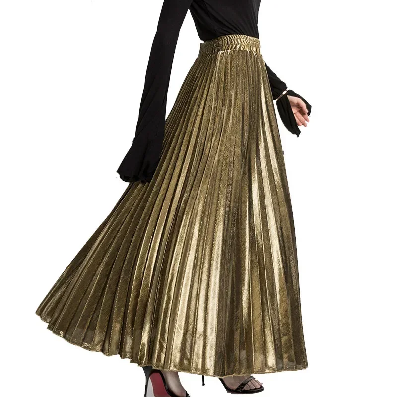 

Metallic A-line Pleated Maxi Long Skirts Golden Silver Ankle Length Beach Skirt
