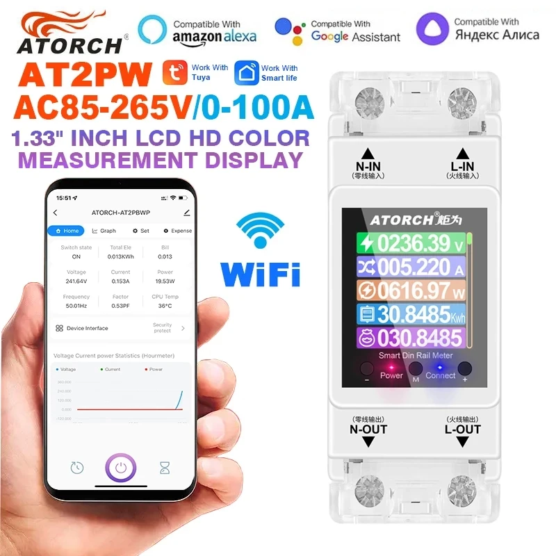 AT2PW 100A Tuya WIFI Din Rail Energy Meter Smart Switch Remote Control AC 220V 110V Digital Volt Amp Kwh Frequency Factor Meter