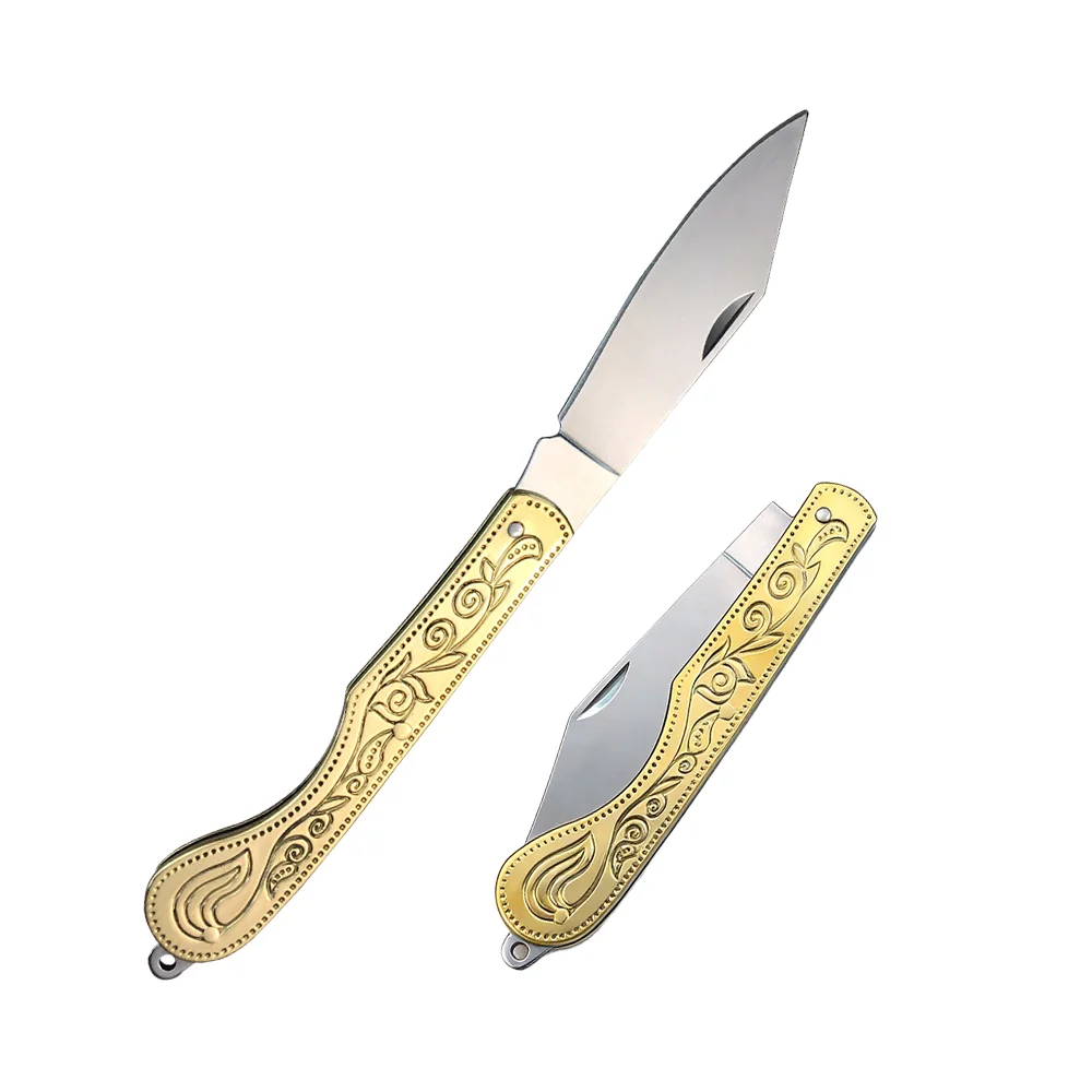 Stainless Steel  Floral Engraved Brass Foldable Mini Pocket Knife Portable Lightweight Hand Cutting Knife for Picnic & Handcraft