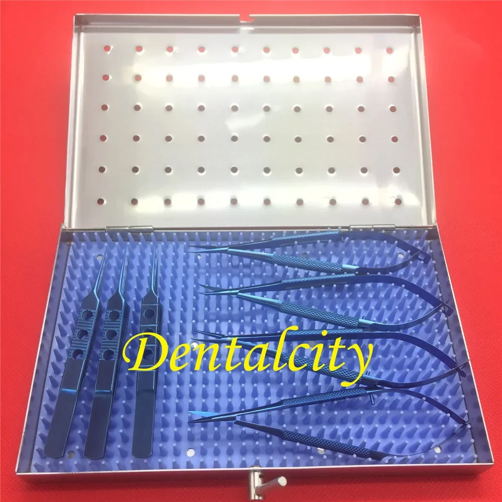Strumento chirurgico oftalmico per microchirurgia al titanio da 7 pezzi con strumenti per palpebre con vassoio di disinfezione